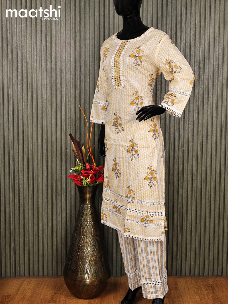 Cotton readymade salwar suit off white and pale yellow with allover floral prints & beaded work neck pattern and straight cut pant & organza dupatta