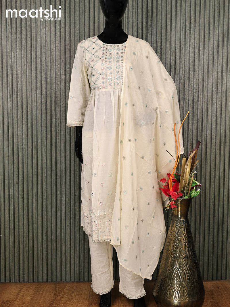 Cotton readymade salwar suit cream with floral design embroidery work neck pattern and straight cut pant & cotton dupatta