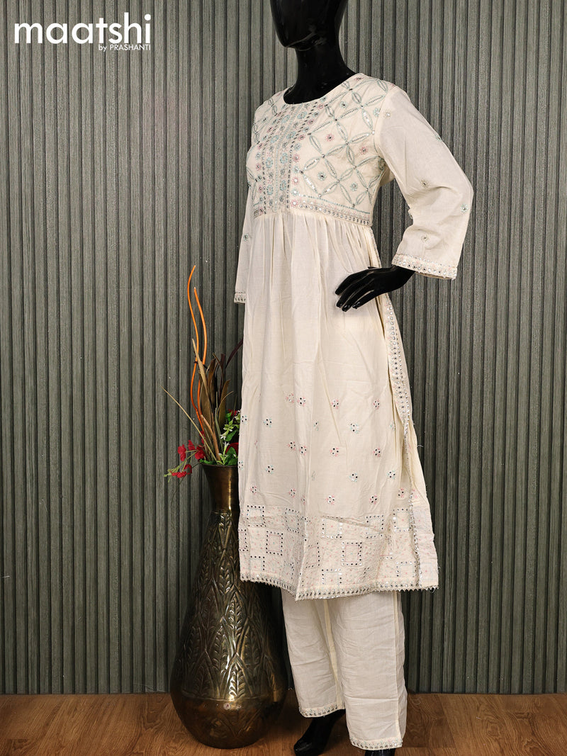 Cotton readymade salwar suit cream with floral design embroidery work neck pattern and straight cut pant & cotton dupatta