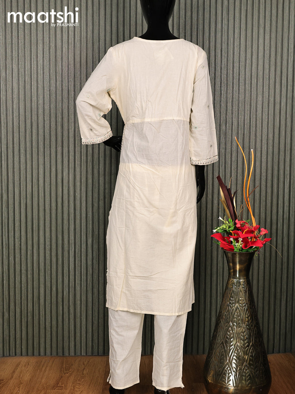 Cotton readymade salwar suit cream with floral design embroidery work neck pattern and straight cut pant & cotton dupatta