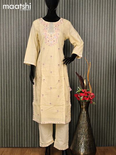 Cotton readymade salwar suit pale yellow with floral design embroidery work neck pattern and straight cut pant & gottapatti lace work dupatta