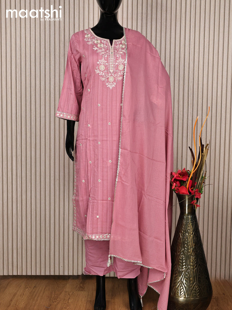 Cotton readymade salwar suit mauve pink with floral design embroidery work neck pattern and straight cut pant & gottapatti lace work dupatta