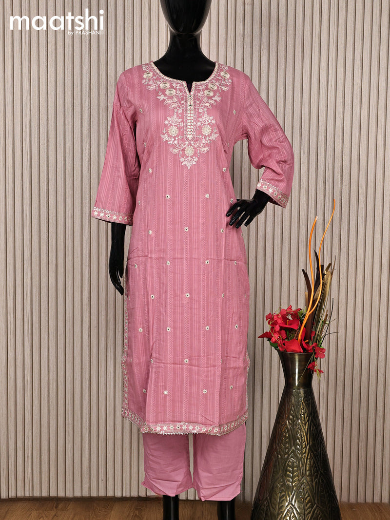 Cotton readymade salwar suit mauve pink with floral design embroidery work neck pattern and straight cut pant & gottapatti lace work dupatta