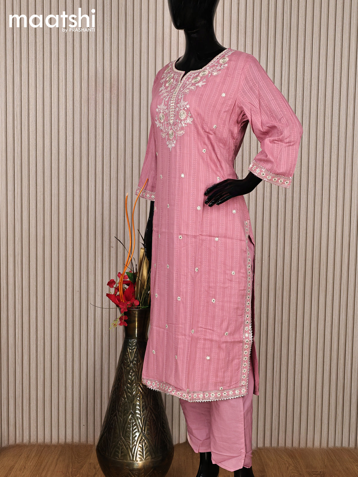 Cotton readymade salwar suit mauve pink with floral design embroidery work neck pattern and straight cut pant & gottapatti lace work dupatta