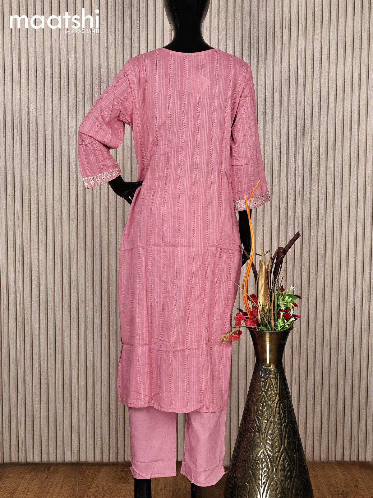 Cotton readymade salwar suit mauve pink with floral design embroidery work neck pattern and straight cut pant & gottapatti lace work dupatta