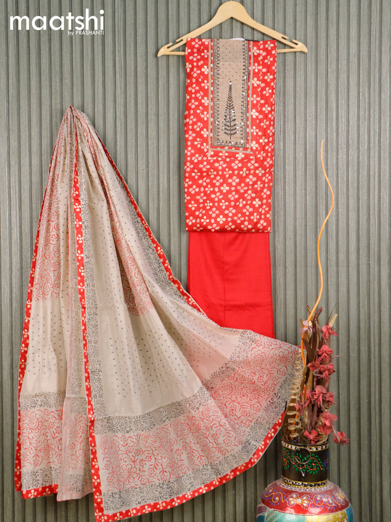 Cotton dress material red with allover butta prints & simple mirror work neck pattern and bottom & chanderi dupatta