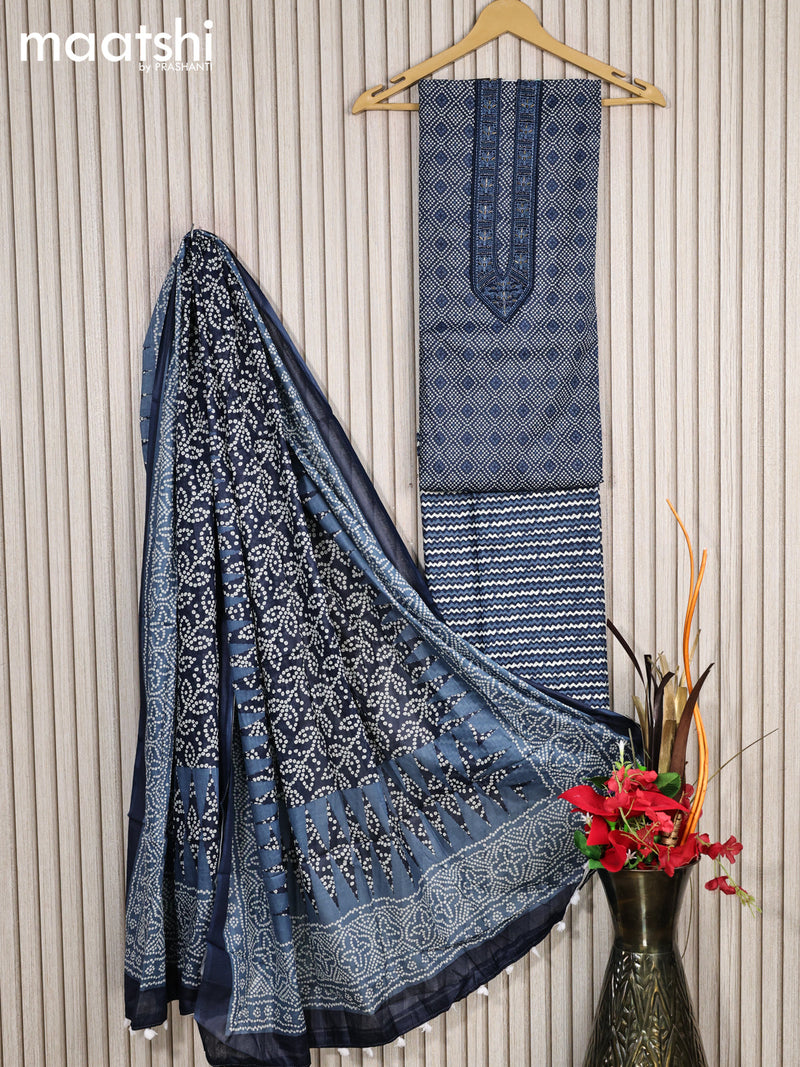 Cotton dress material blue with allover bandhani prints & beaded work neck pattern and bottom & cotton dupatta