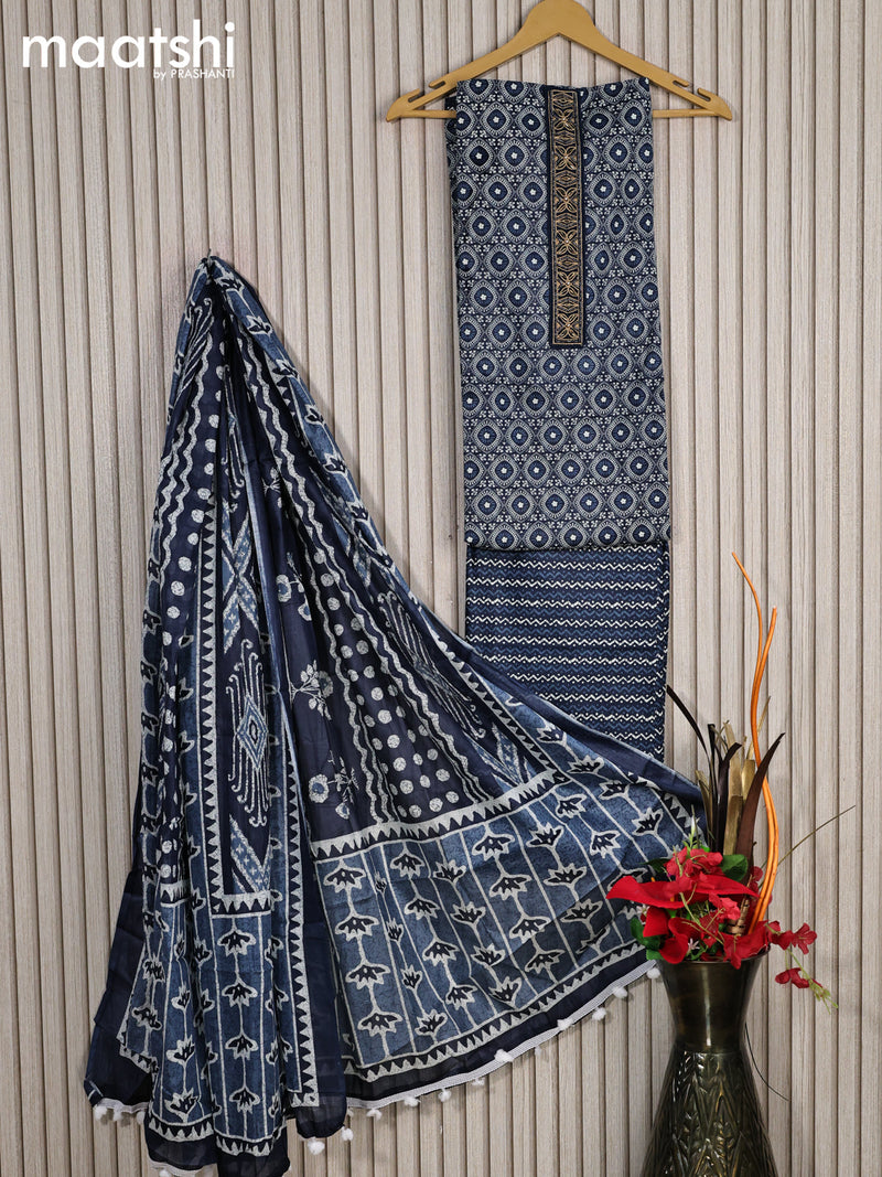 Cotton dress material blue with allover prints & beaded work neck pattern and bottom & cotton dupatta
