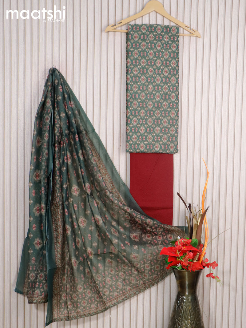 Chanderi dress material green and maroon with allover ikat prints & hakoba work and bottom & chanderi dupatta