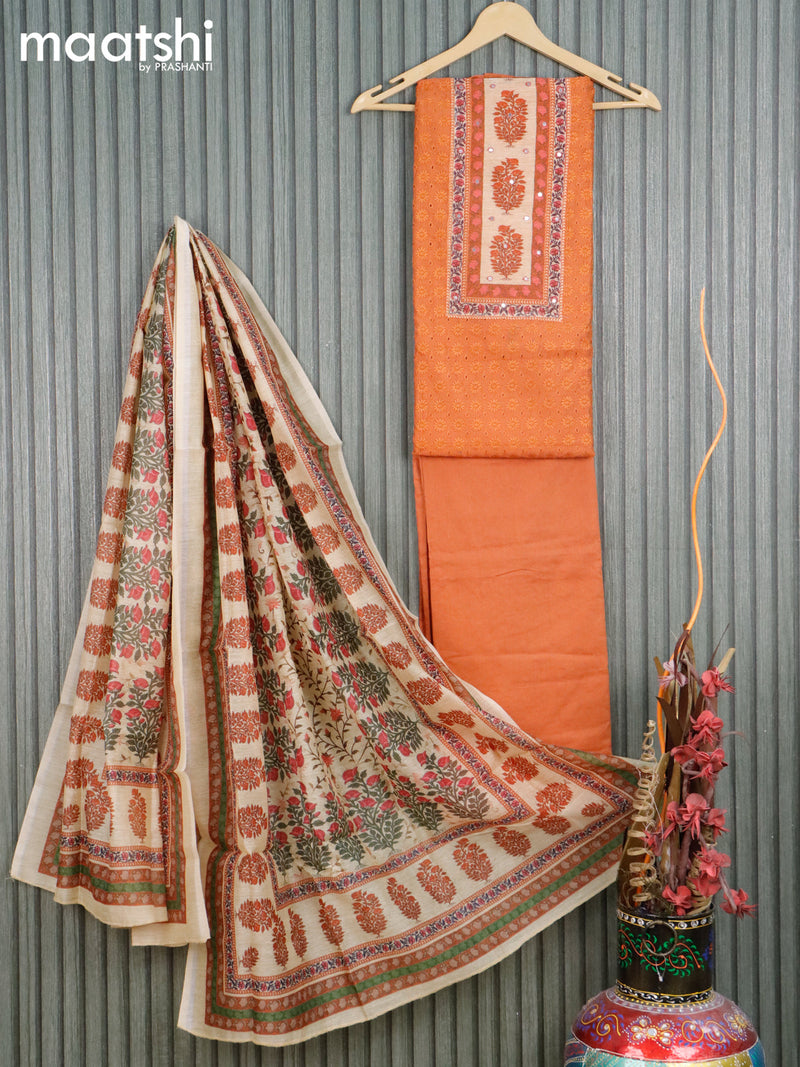 Chanderi dress material rustic orange with allover embroidery work & mirror work neck pattern and bottom & chanderi dupatta