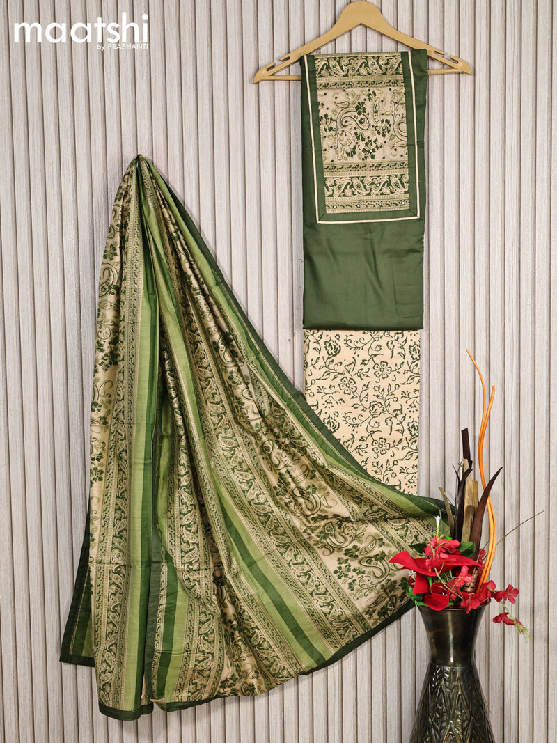 Cotton dress material green shade and sandal with mirror & french knot work neck pattern and bottom & cotton dupatta