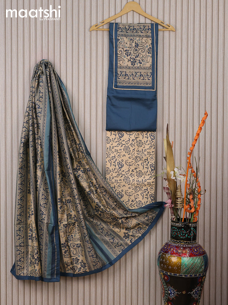 Cotton dress material peacock blue and sandal with mirror & french knot work neck pattern and bottom & cotton dupatta