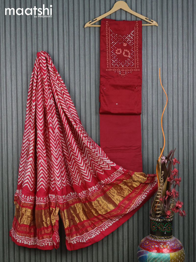 Cotton dress material maroon with embroidery & mirror work neck pattern and bottom & batik printed zari dupatta