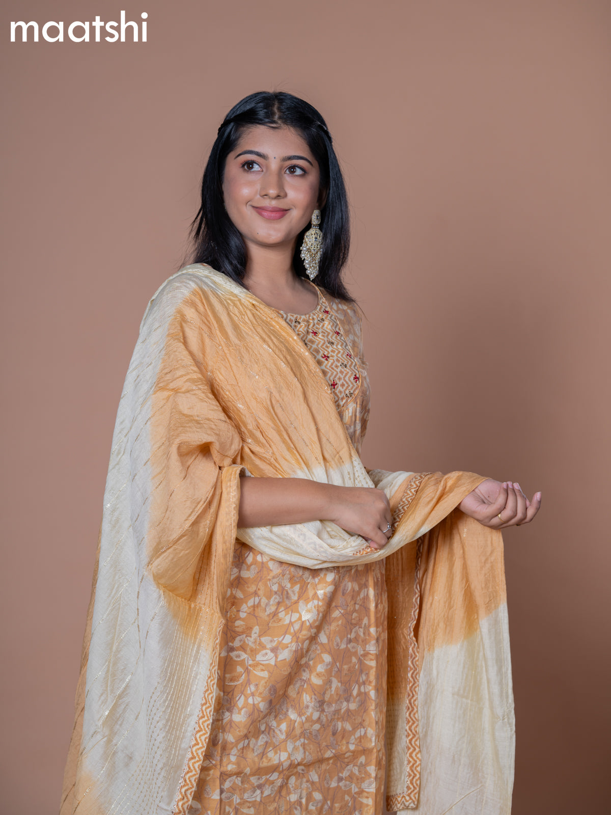 Modal readymade salwar suit sandal with allover prints & embroidery work neck pattern and straight cut pant & chiffon dupatta
