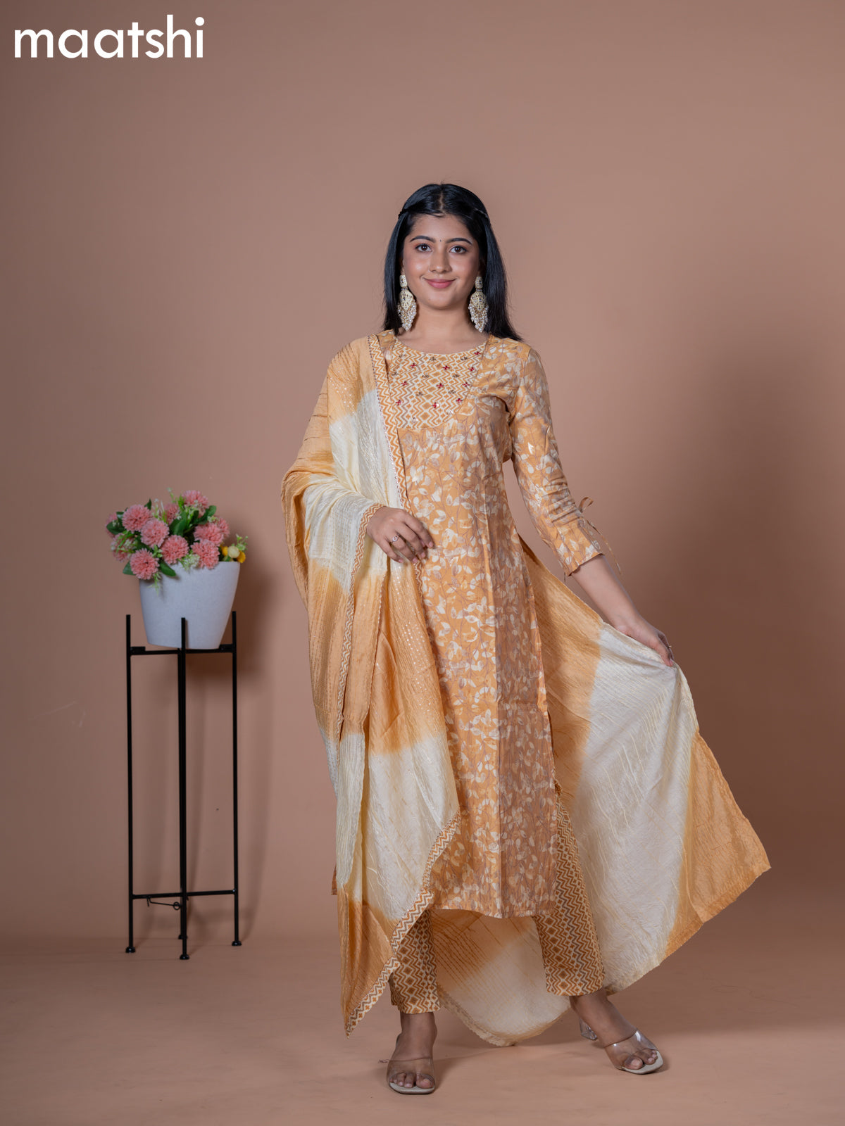 Modal readymade salwar suit sandal with allover prints & embroidery work neck pattern and straight cut pant & chiffon dupatta