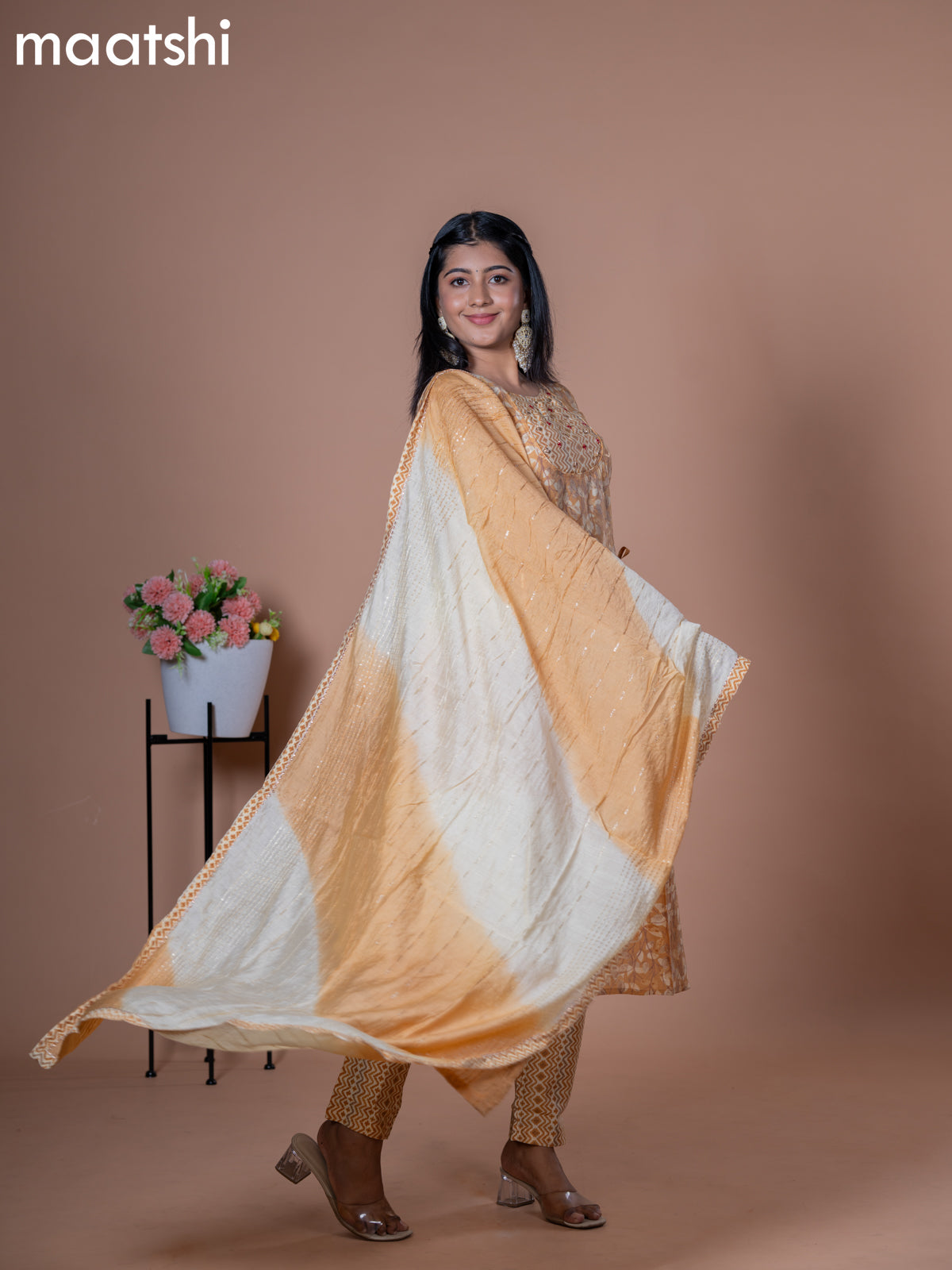 Modal readymade salwar suit sandal with allover prints & embroidery work neck pattern and straight cut pant & chiffon dupatta