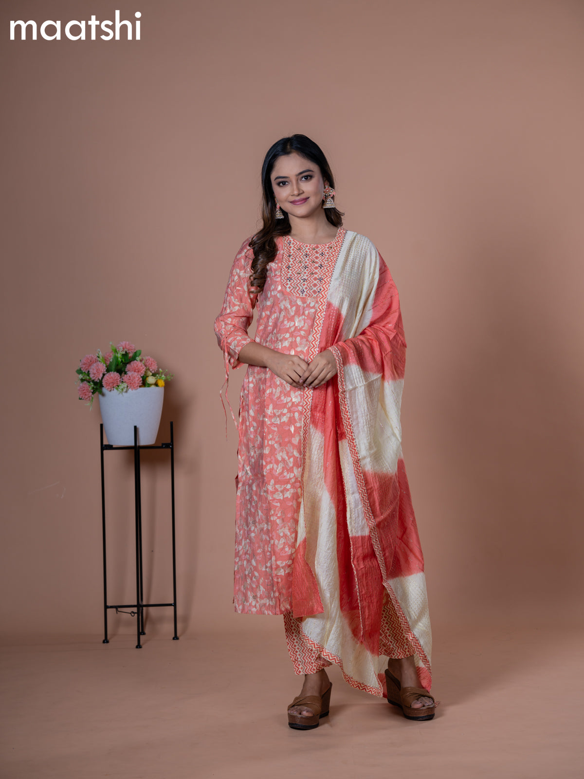 Modal readymade salwar suit peach orange with allover prints & embroidery work neck pattern and straight cut pant & chiffon dupatta