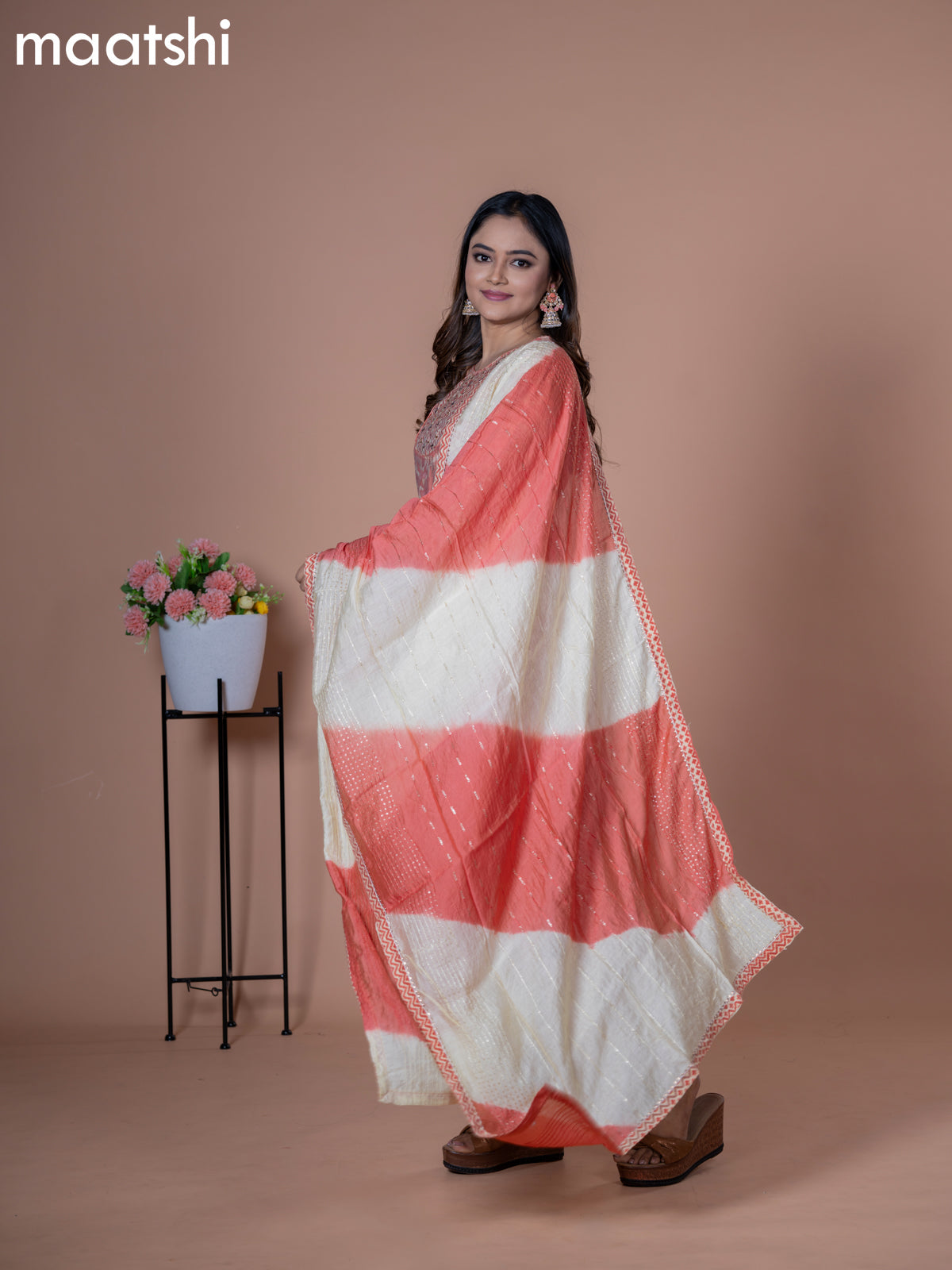 Modal readymade salwar suit peach orange with allover prints & embroidery work neck pattern and straight cut pant & chiffon dupatta
