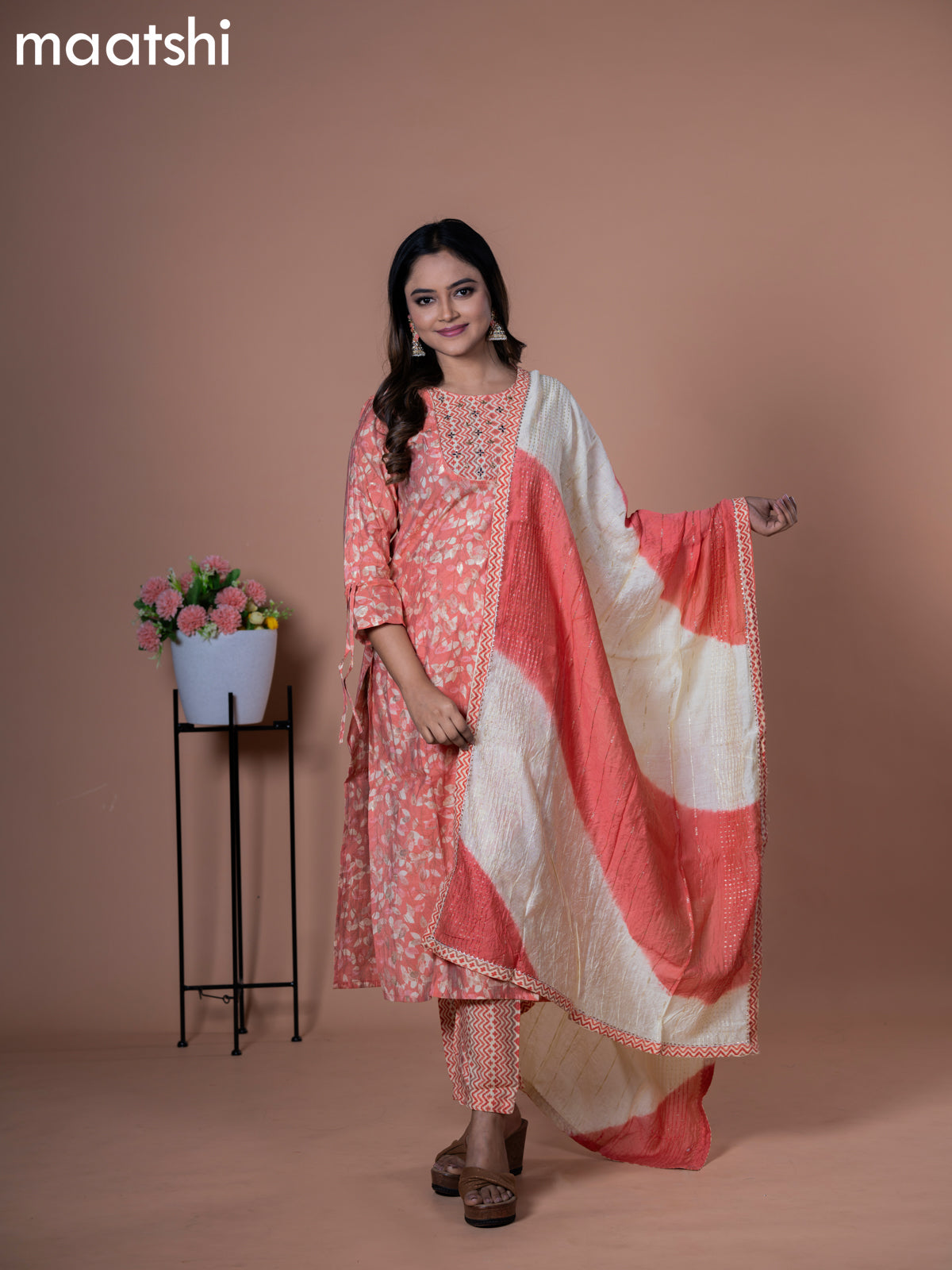 Modal readymade salwar suit peach orange with allover prints & embroidery work neck pattern and straight cut pant & chiffon dupatta