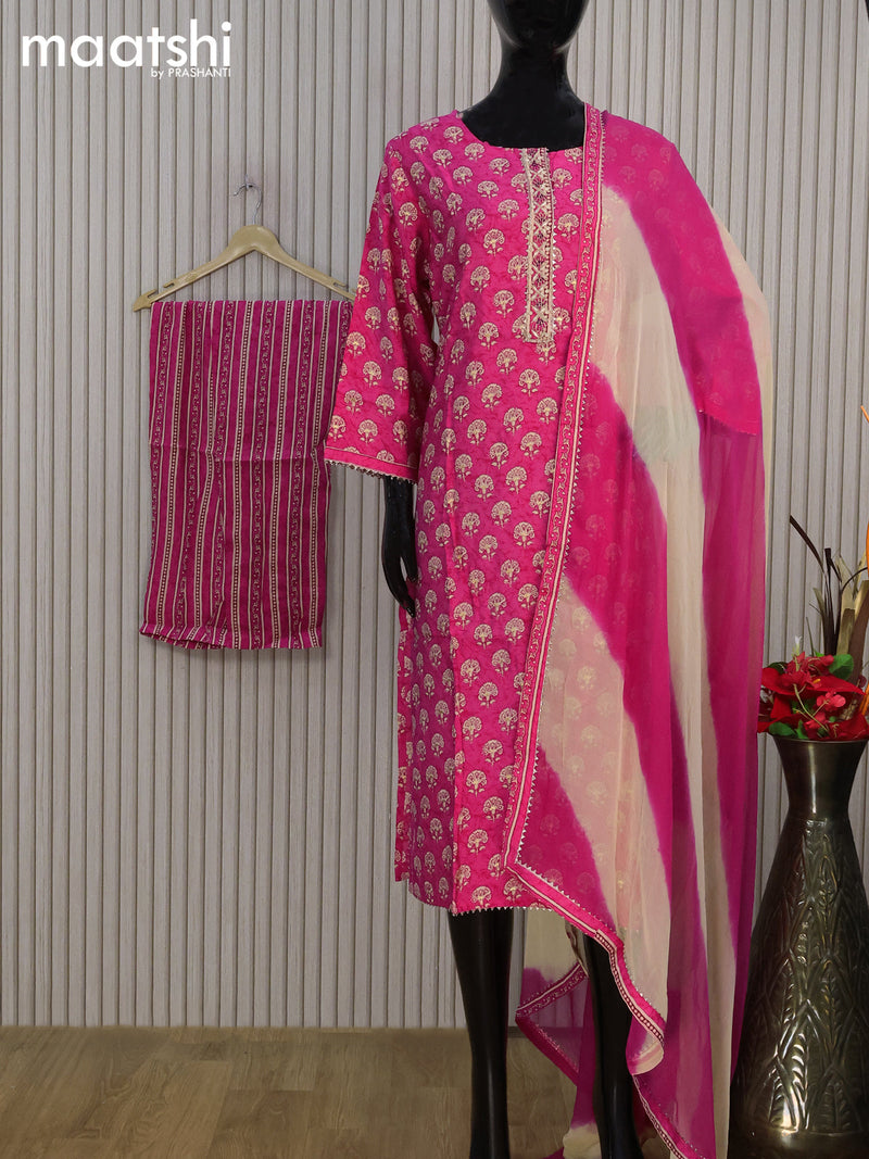 Modal readymade salwar suit pink with allover floral butta prints & embroidery work neck pattern and straight cut pant & chiffon dupatta