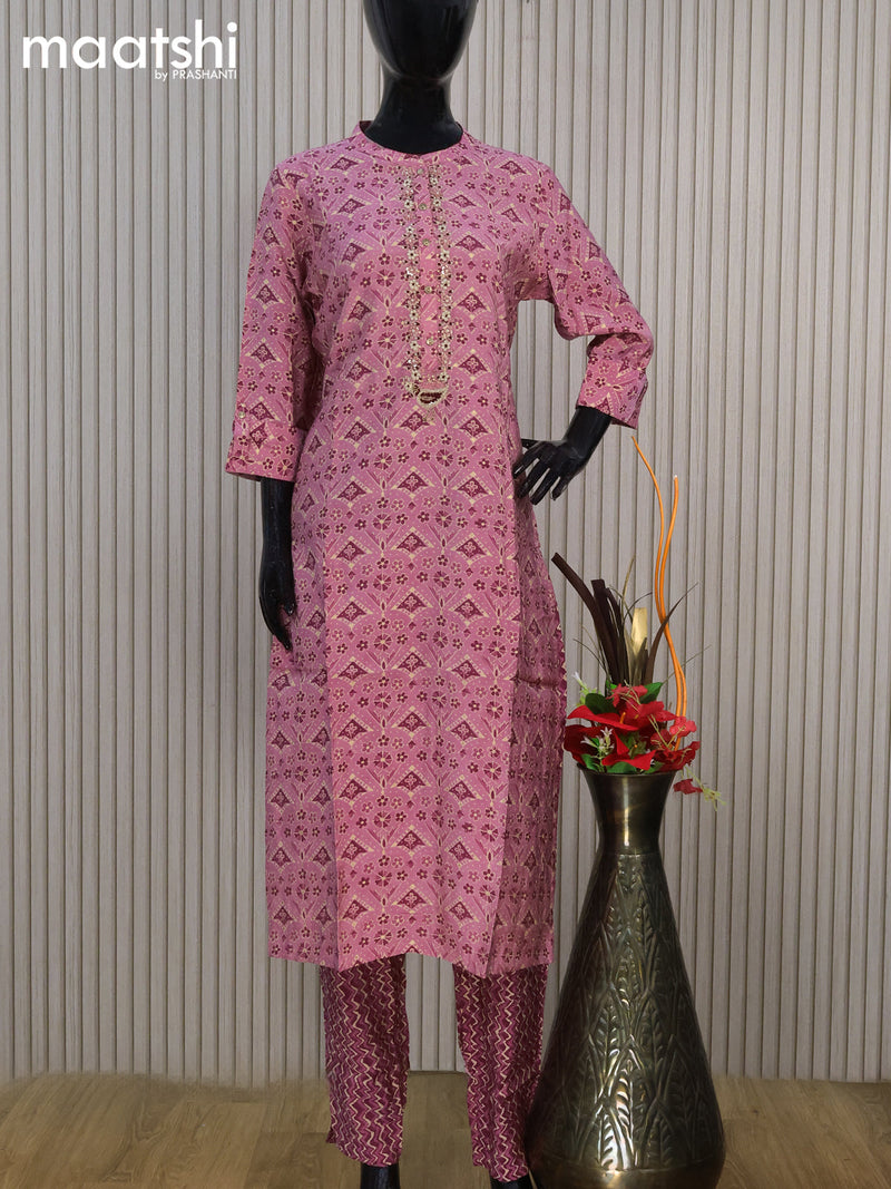 Modal readymade salwar suit mauve pink with allover geometric prints & beaded work neck pattern and straight cut pant & cotton dupatta