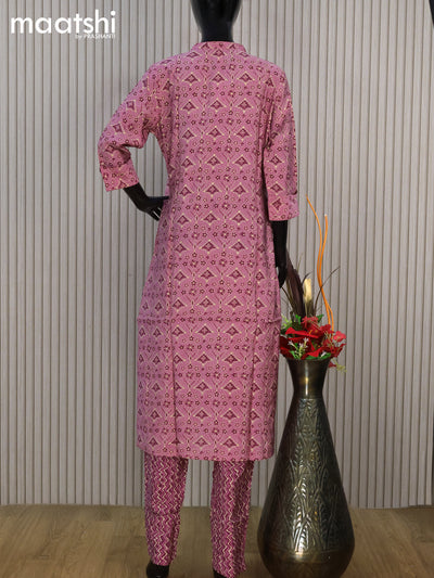 Modal readymade salwar suit mauve pink with allover geometric prints & beaded work neck pattern and straight cut pant & cotton dupatta