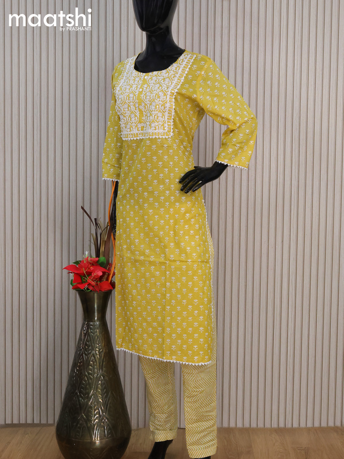 Cotton readymade salwar suit lime yellow with allover floral butta prints & embroidery work neck pattern and straight cut pant & chiffon dupatta