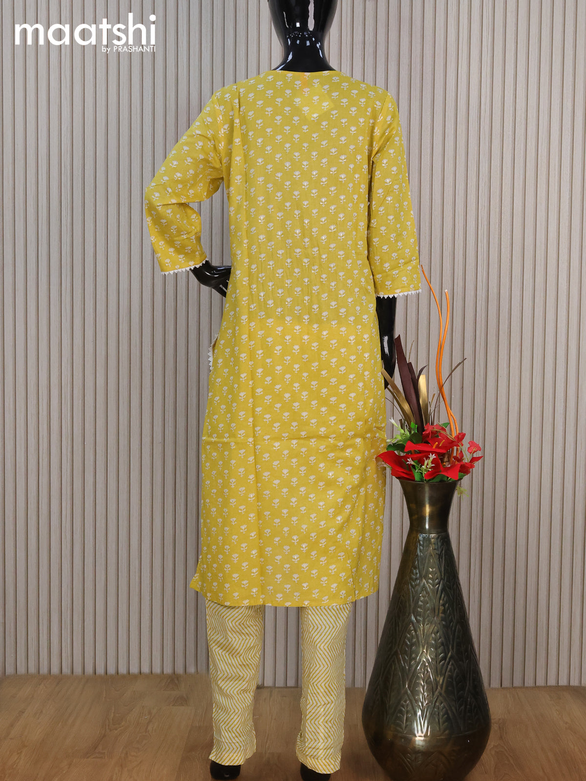 Cotton readymade salwar suit lime yellow with allover floral butta prints & embroidery work neck pattern and straight cut pant & chiffon dupatta