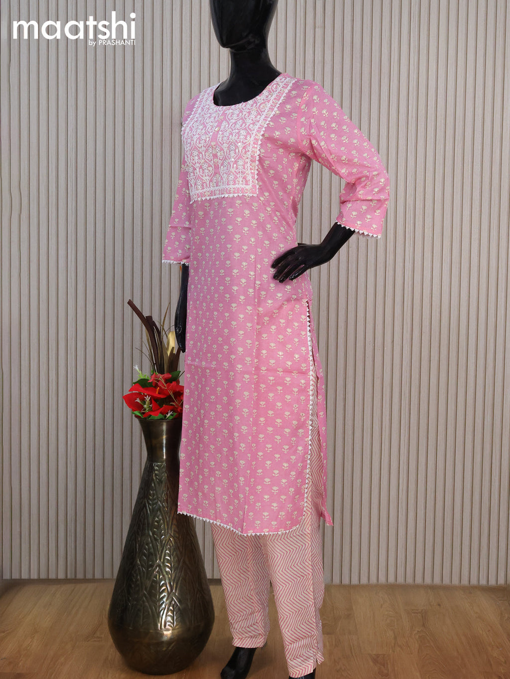 Cotton readymade salwar suit light pink with allover floral butta prints & embroidery work neck pattern and straight cut pant & chiffon dupatta