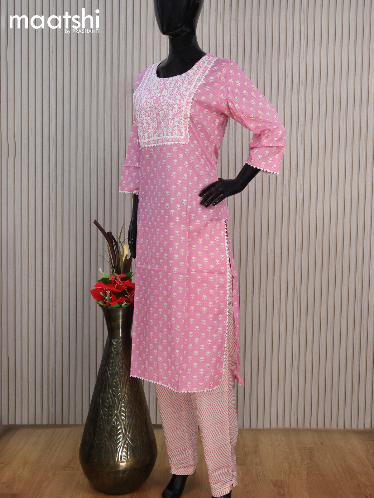 Cotton readymade salwar suit light pink with allover floral butta prints & embroidery work neck pattern and straight cut pant & chiffon dupatta