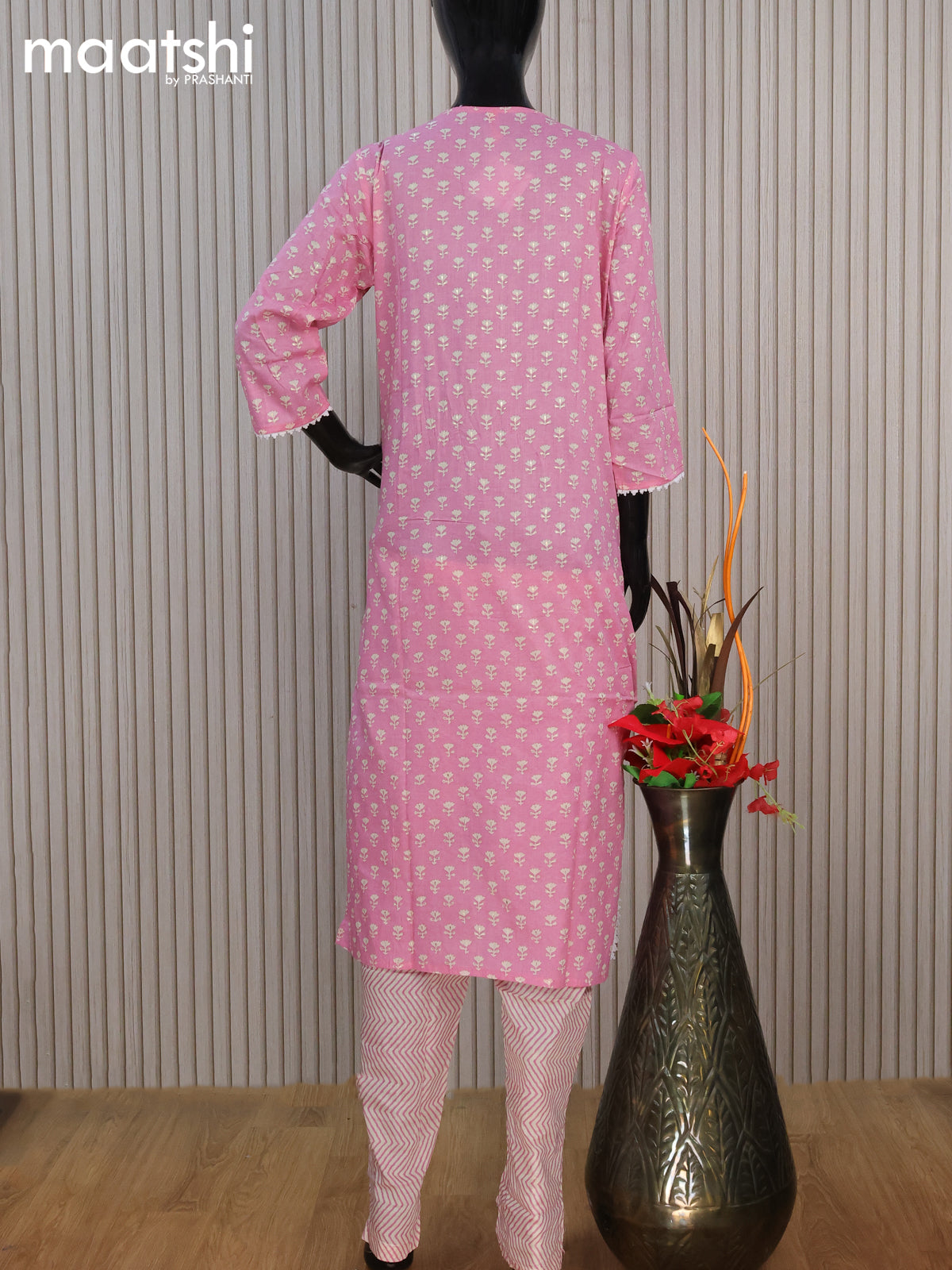 Cotton readymade salwar suit light pink with allover floral butta prints & embroidery work neck pattern and straight cut pant & chiffon dupatta