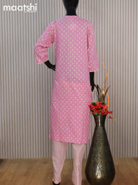 Cotton readymade salwar suit light pink with allover floral butta prints & embroidery work neck pattern and straight cut pant & chiffon dupatta