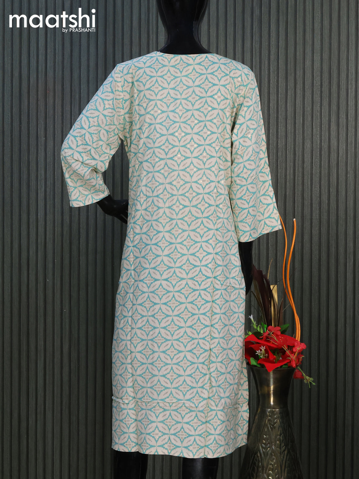 Cotton readymade kurti off white and teal green with allover geometric prints & simple work neck pattern without pant