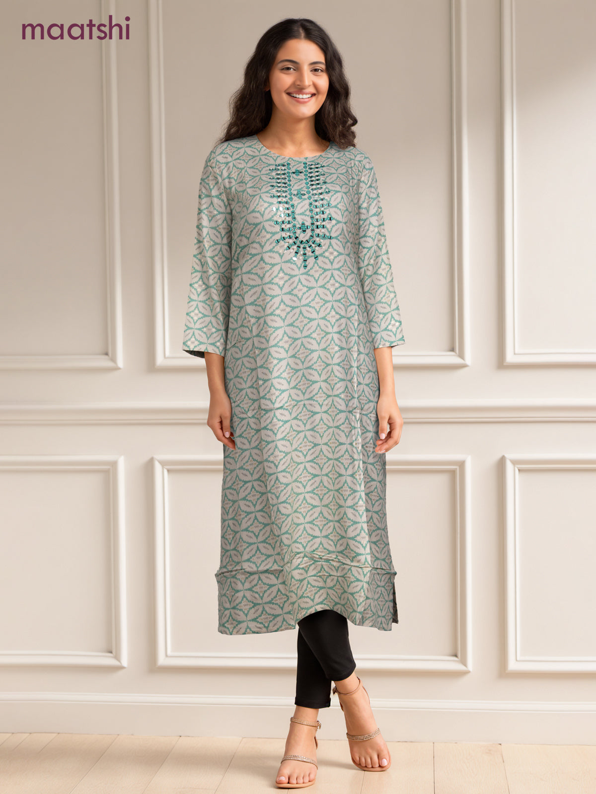 Cotton readymade kurti off white and teal green with allover geometric prints & simple work neck pattern without pant