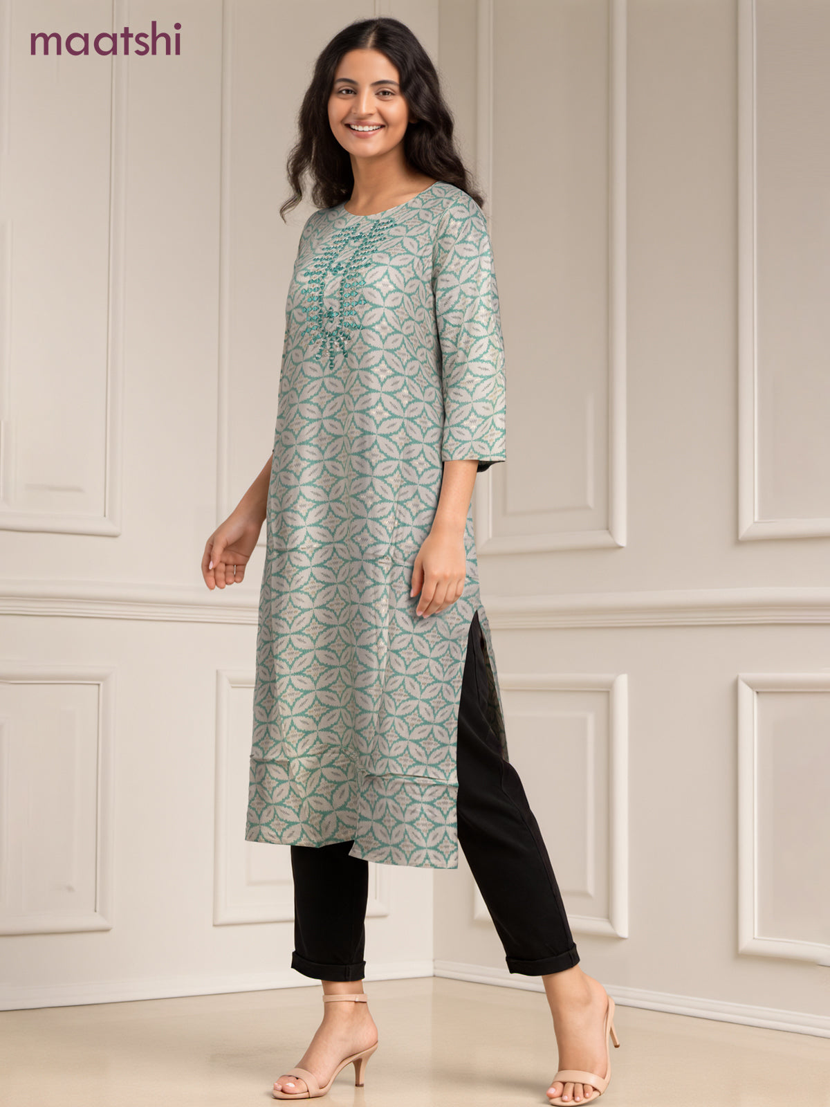 Cotton readymade kurti off white and teal green with allover geometric prints & simple work neck pattern without pant