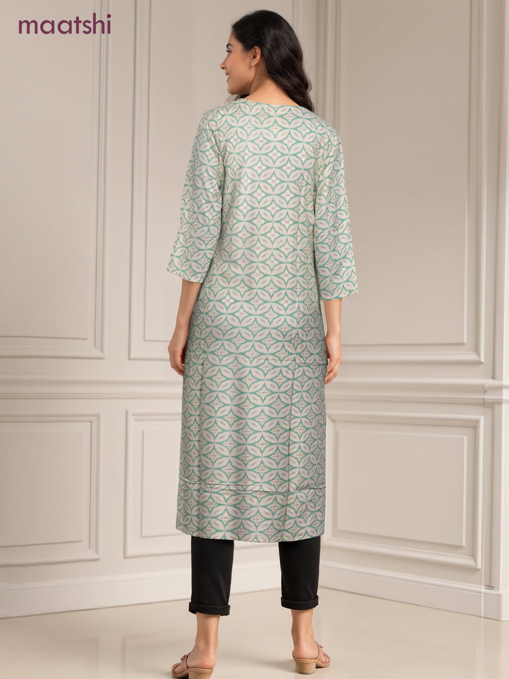 Cotton readymade kurti off white and teal green with allover geometric prints & simple work neck pattern without pant