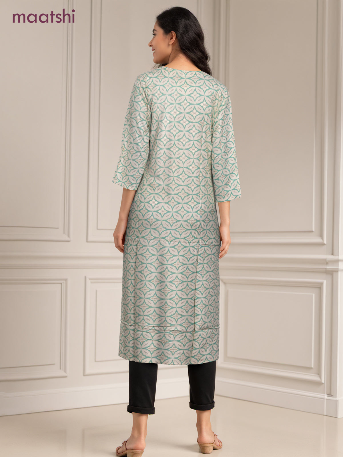 Cotton readymade kurti off white and teal green with allover geometric prints & simple work neck pattern without pant