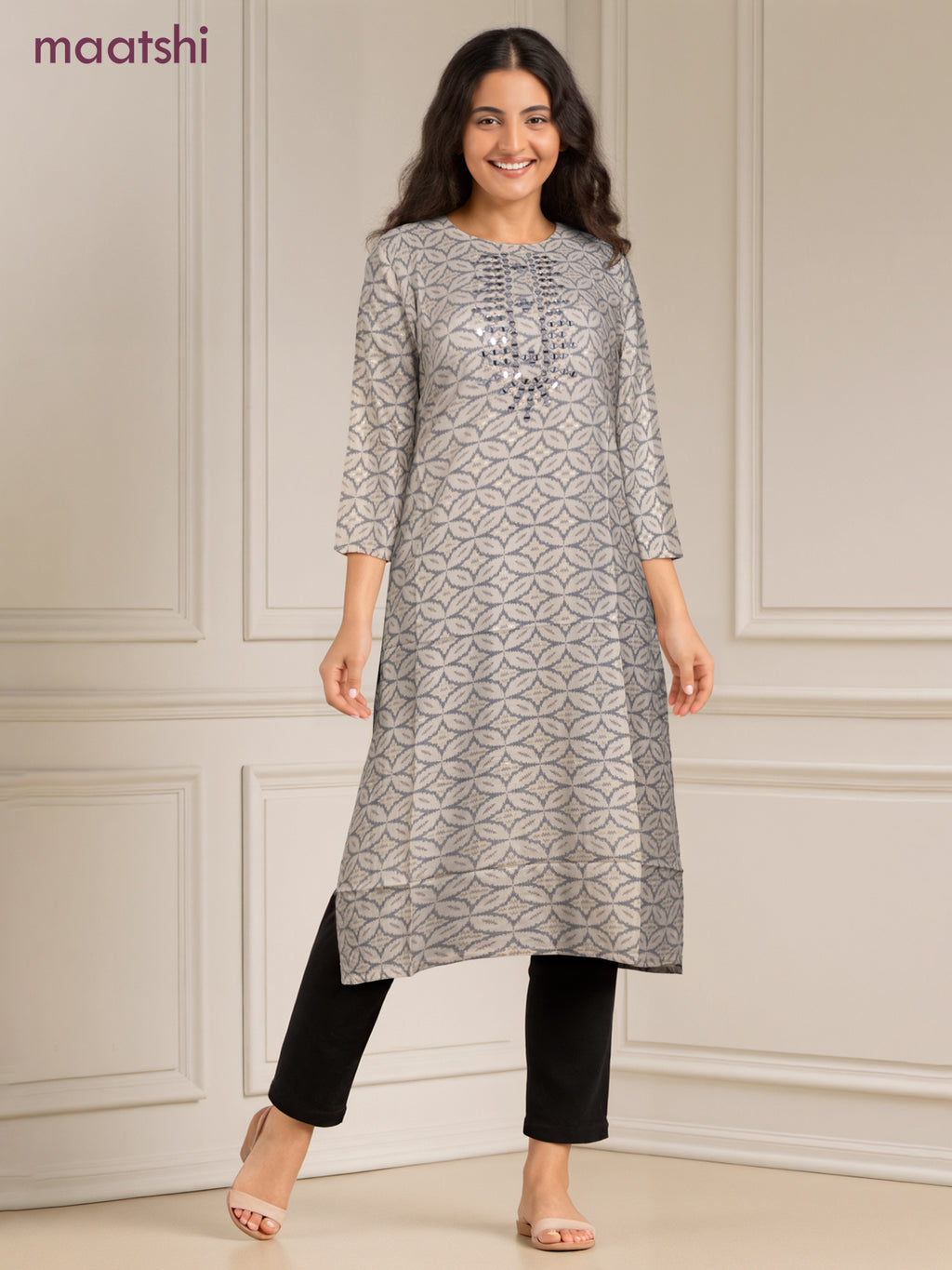 Cotton readymade kurti off white and grey with allover geometric prints & simple work neck pattern without pant