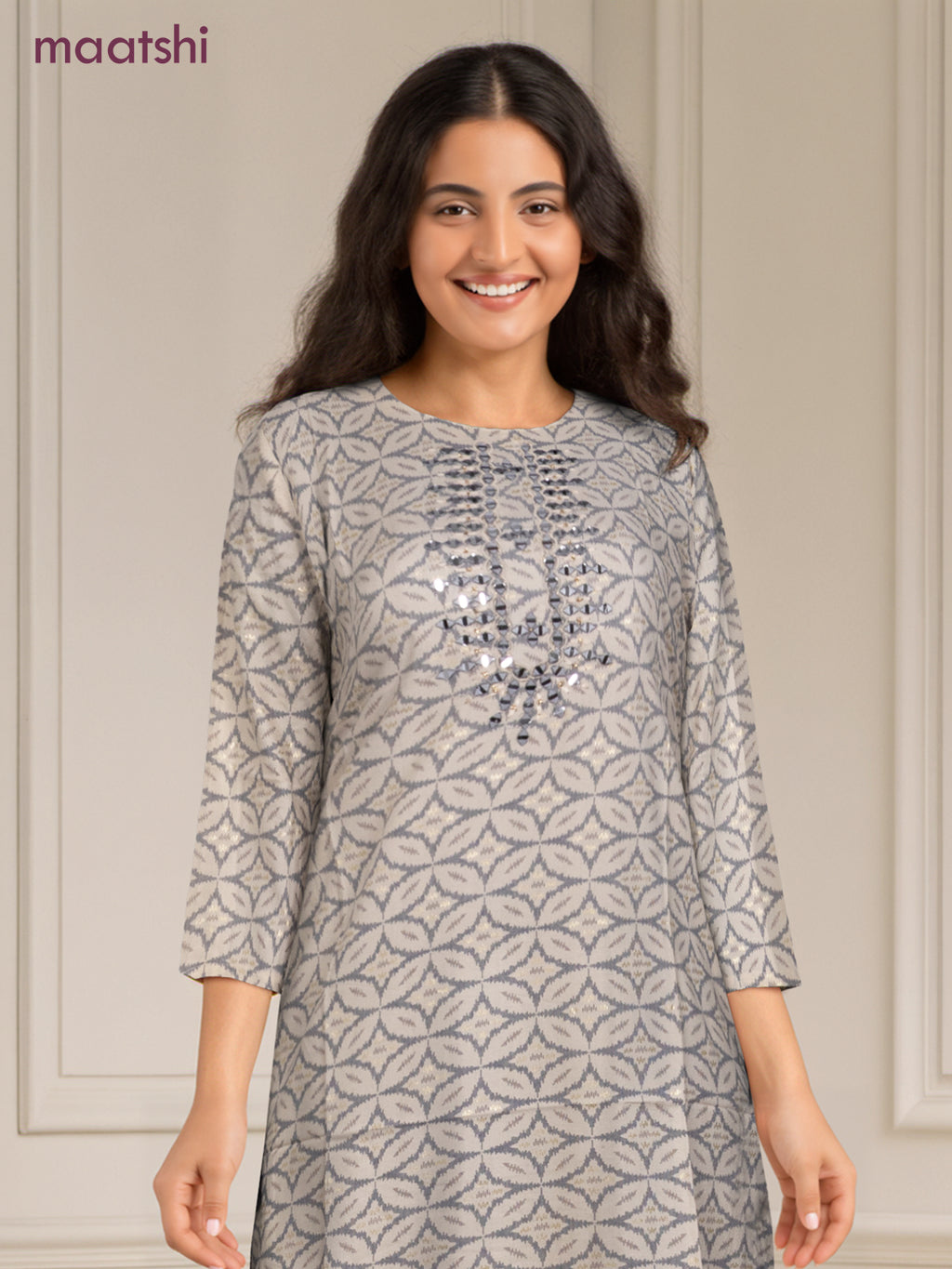 Cotton readymade kurti off white and grey with allover geometric prints & simple work neck pattern without pant