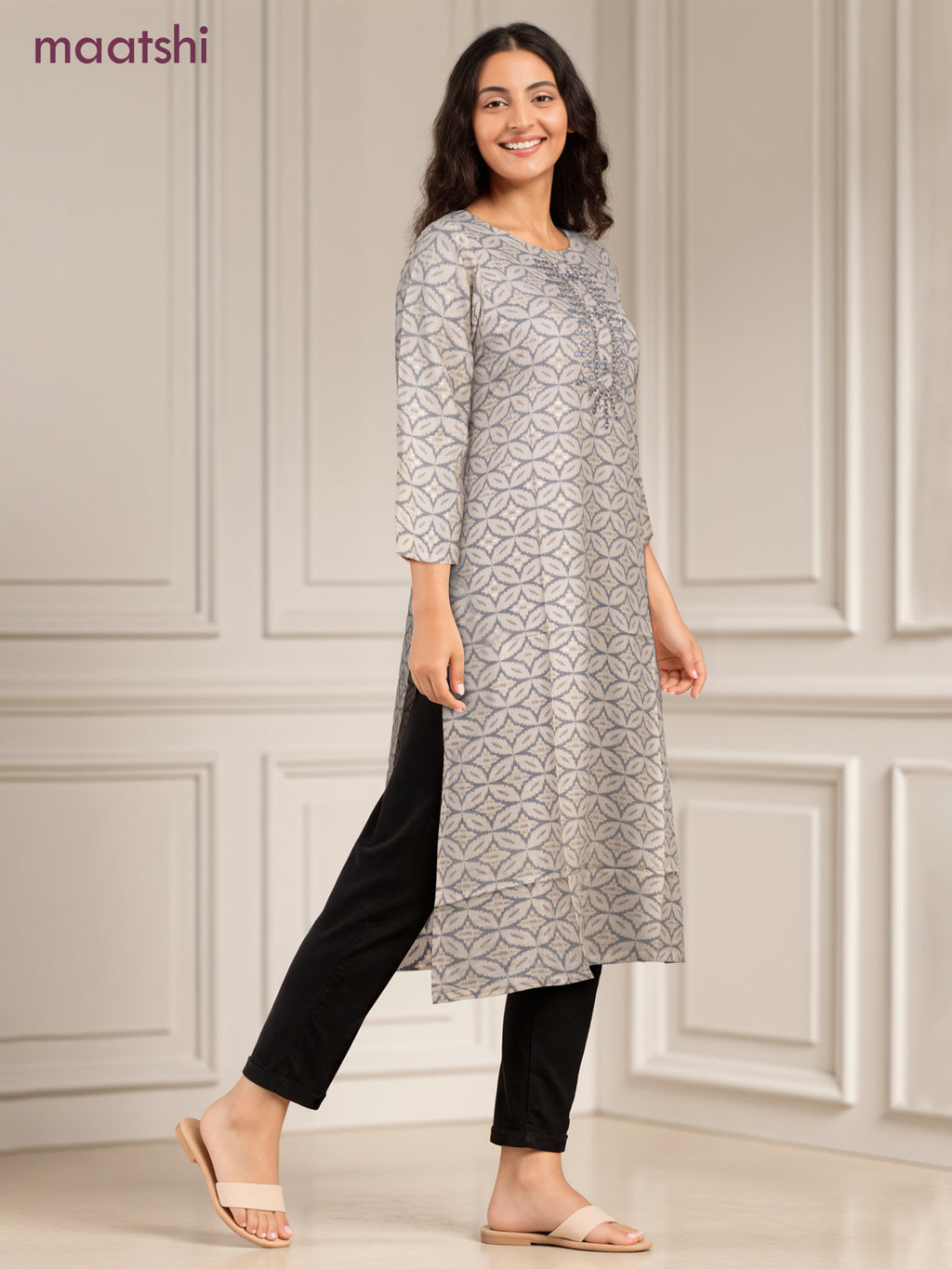 Cotton readymade kurti off white and grey with allover geometric prints & simple work neck pattern without pant