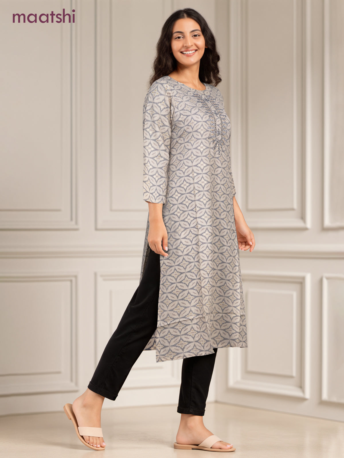 Cotton readymade kurti off white and grey with allover geometric prints & simple work neck pattern without pant