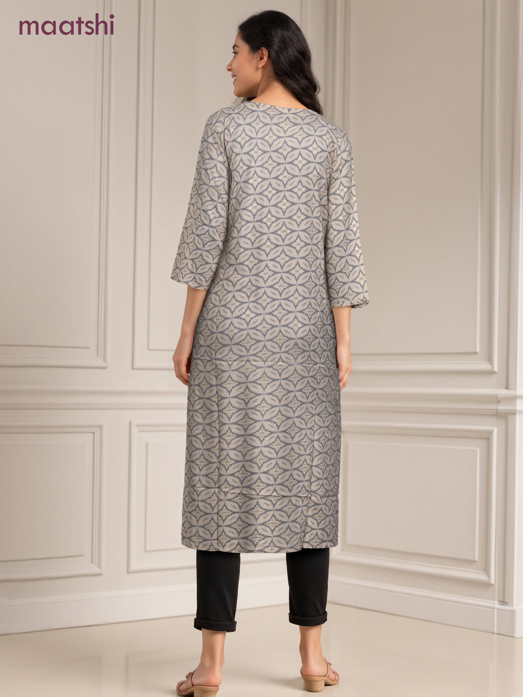 Cotton readymade kurti off white and grey with allover geometric prints & simple work neck pattern without pant