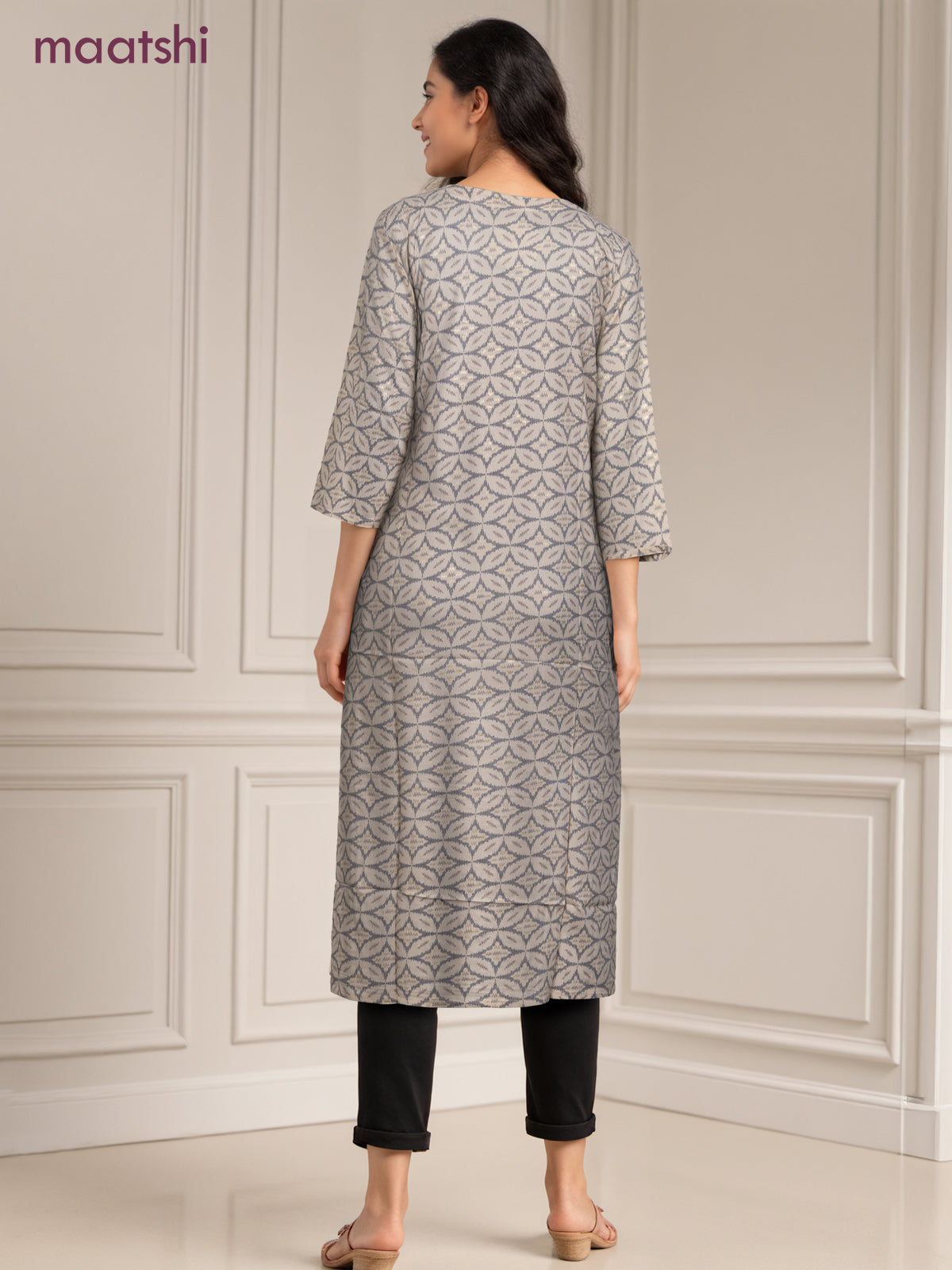 Cotton readymade kurti off white and grey with allover geometric prints & simple work neck pattern without pant