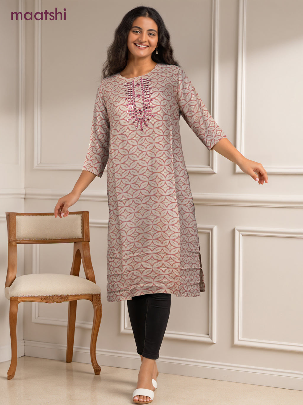 Cotton readymade kurti off white and pink with allover geometric prints & simple work neck pattern without pant