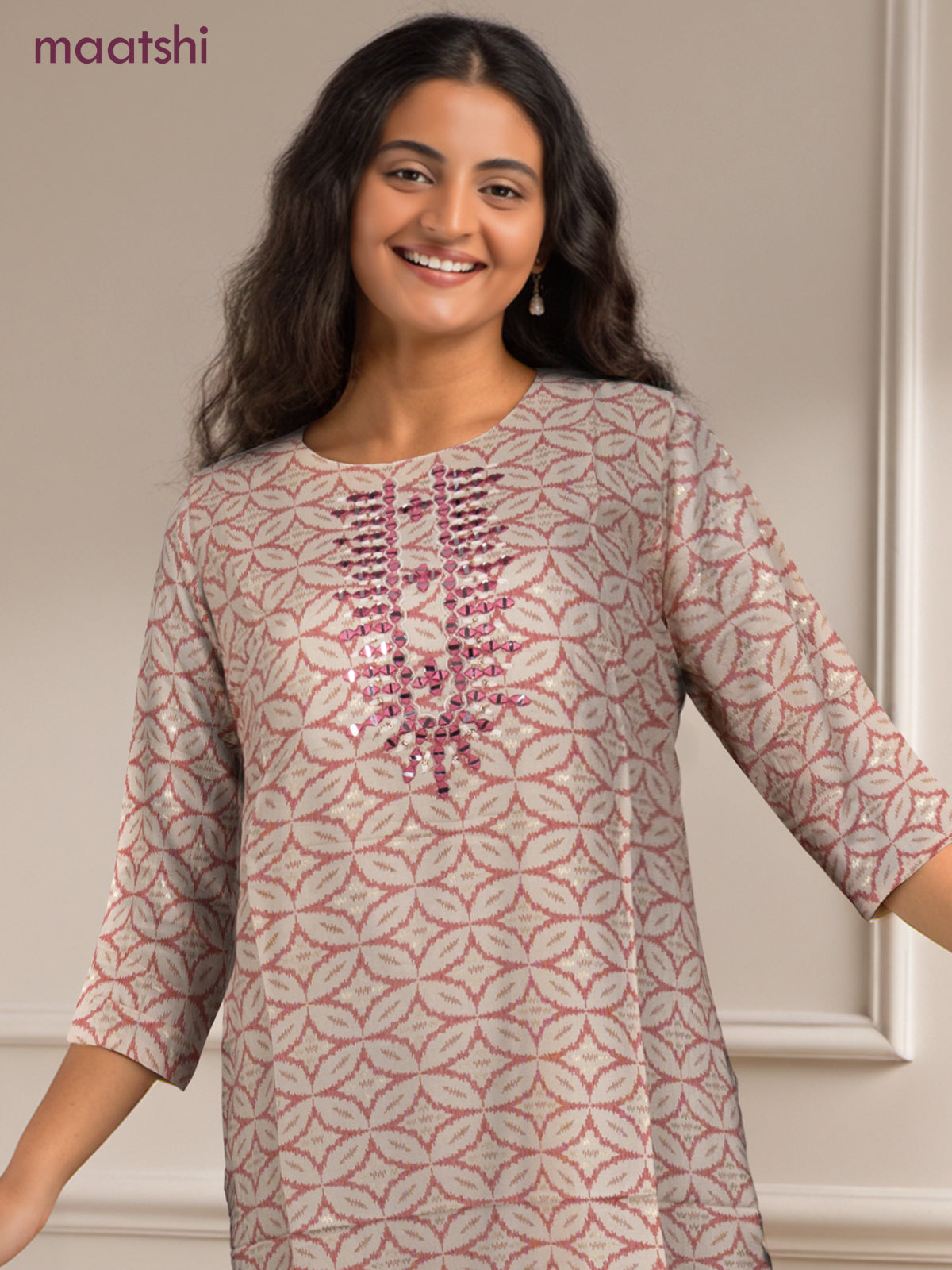 Cotton readymade kurti off white and pink with allover geometric prints & simple work neck pattern without pant