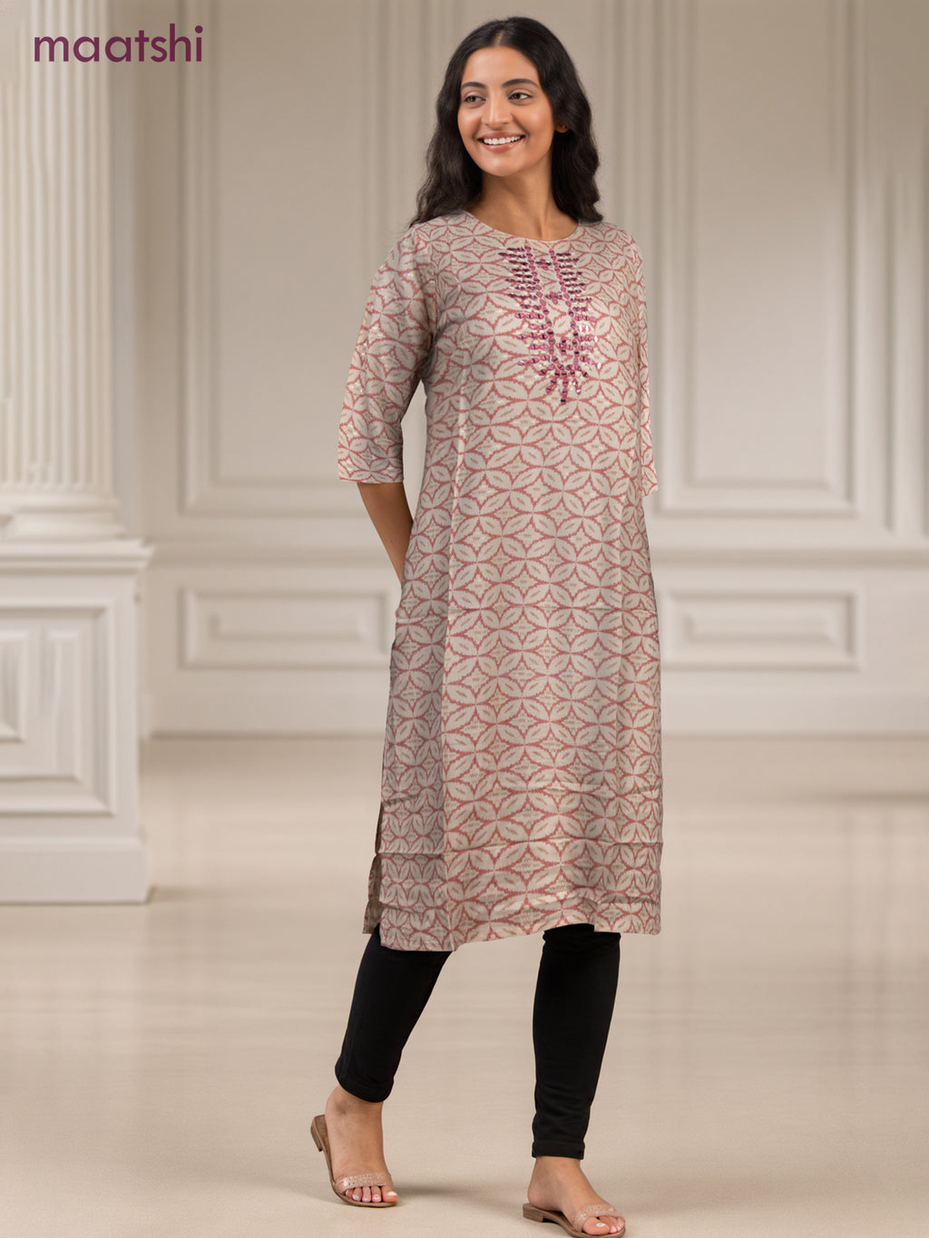 Cotton readymade kurti off white and pink with allover geometric prints & simple work neck pattern without pant