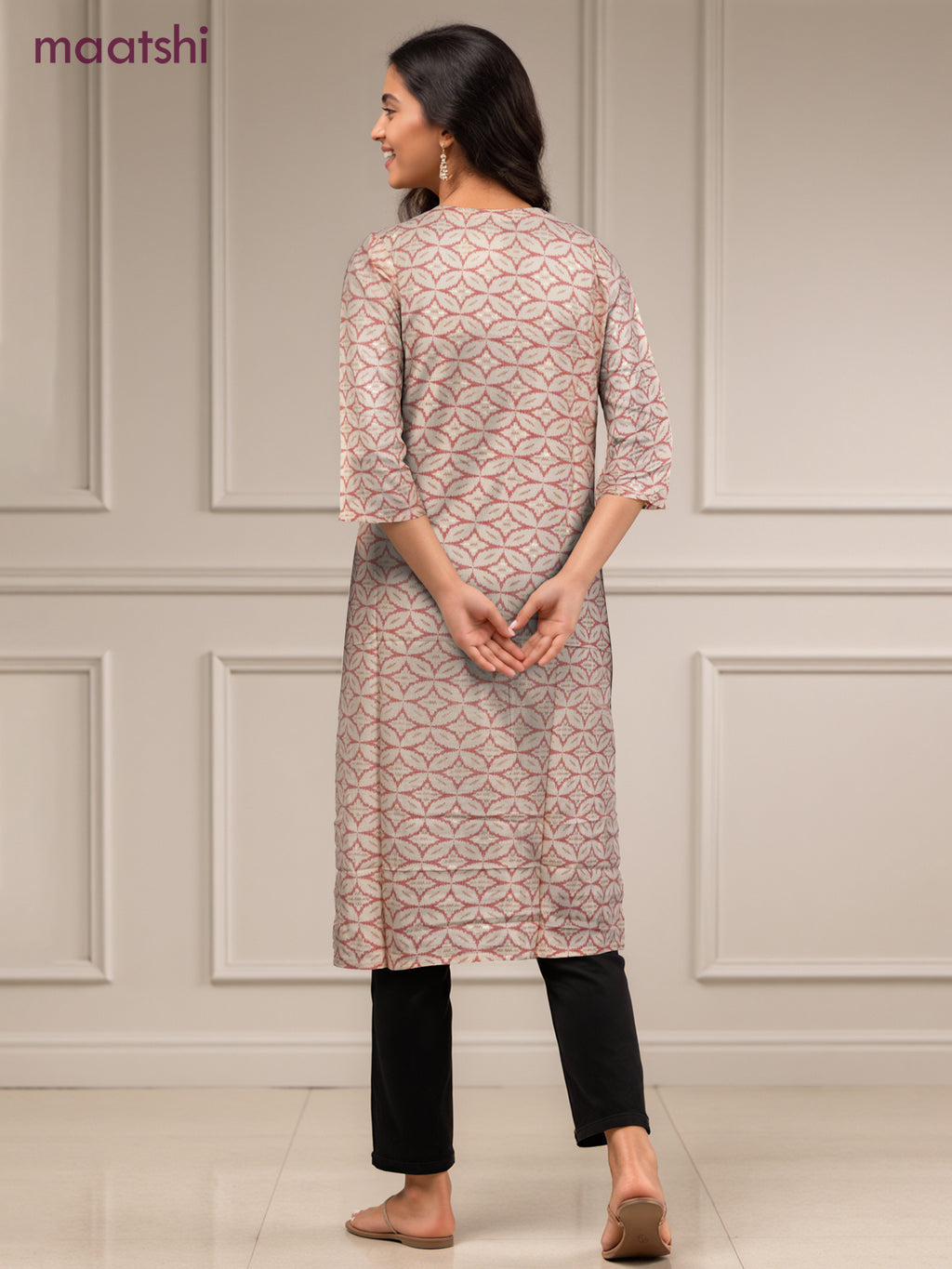 Cotton readymade kurti off white and pink with allover geometric prints & simple work neck pattern without pant