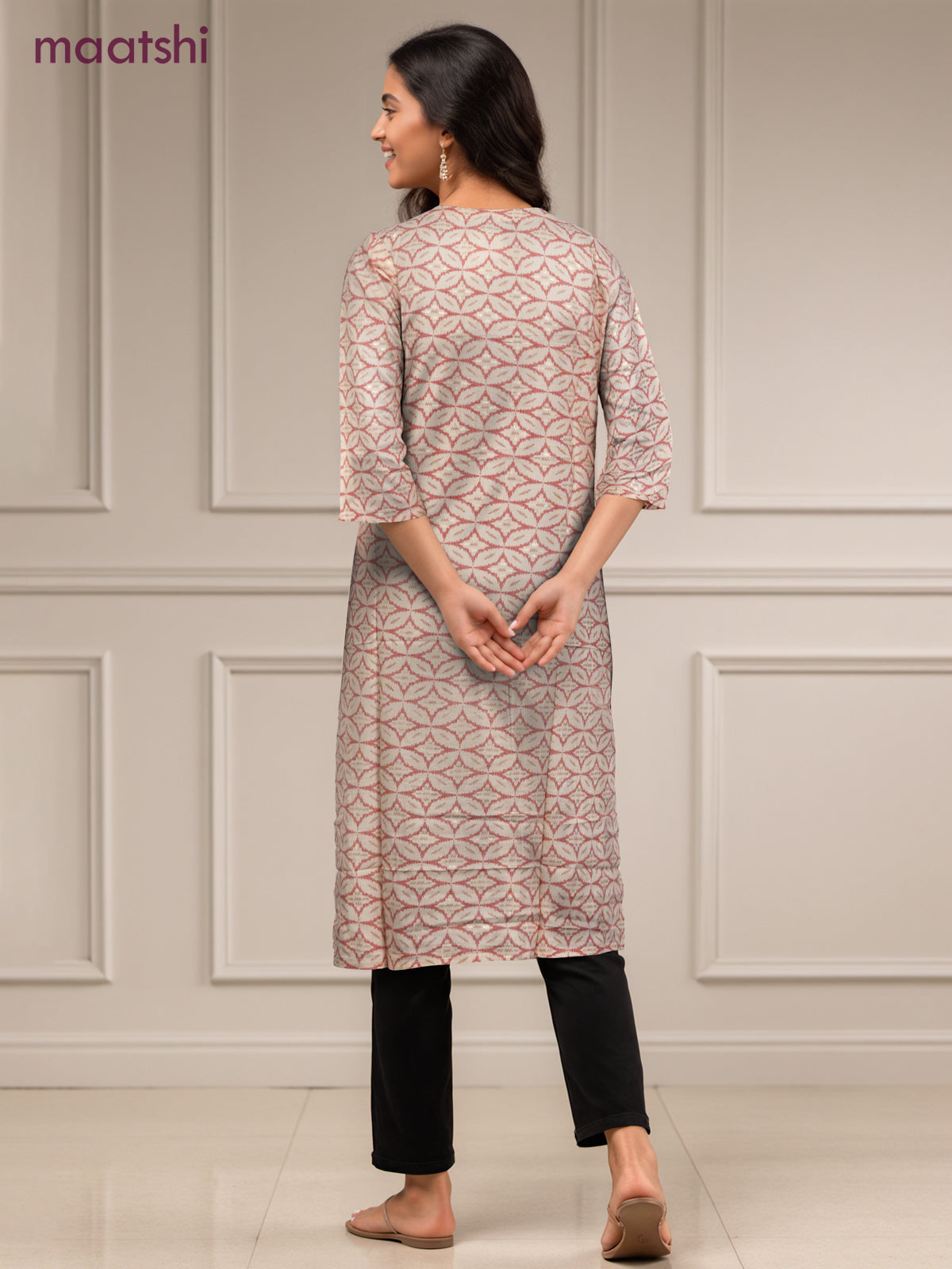 Cotton readymade kurti off white and pink with allover geometric prints & simple work neck pattern without pant