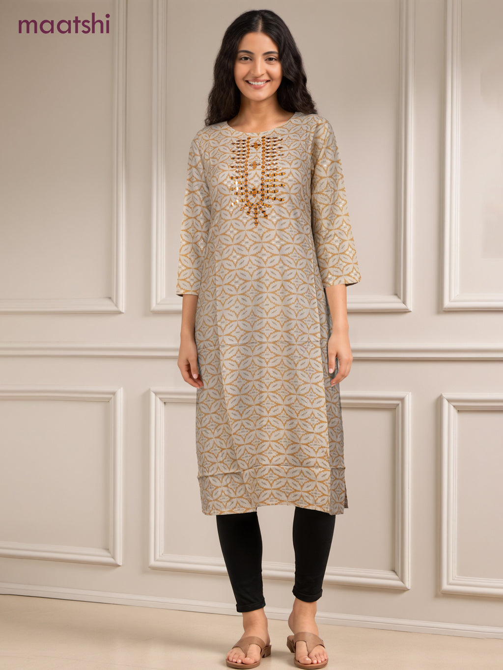 Cotton readymade kurti off white and mustard yellow with allover geometric prints & simple work neck pattern without pant