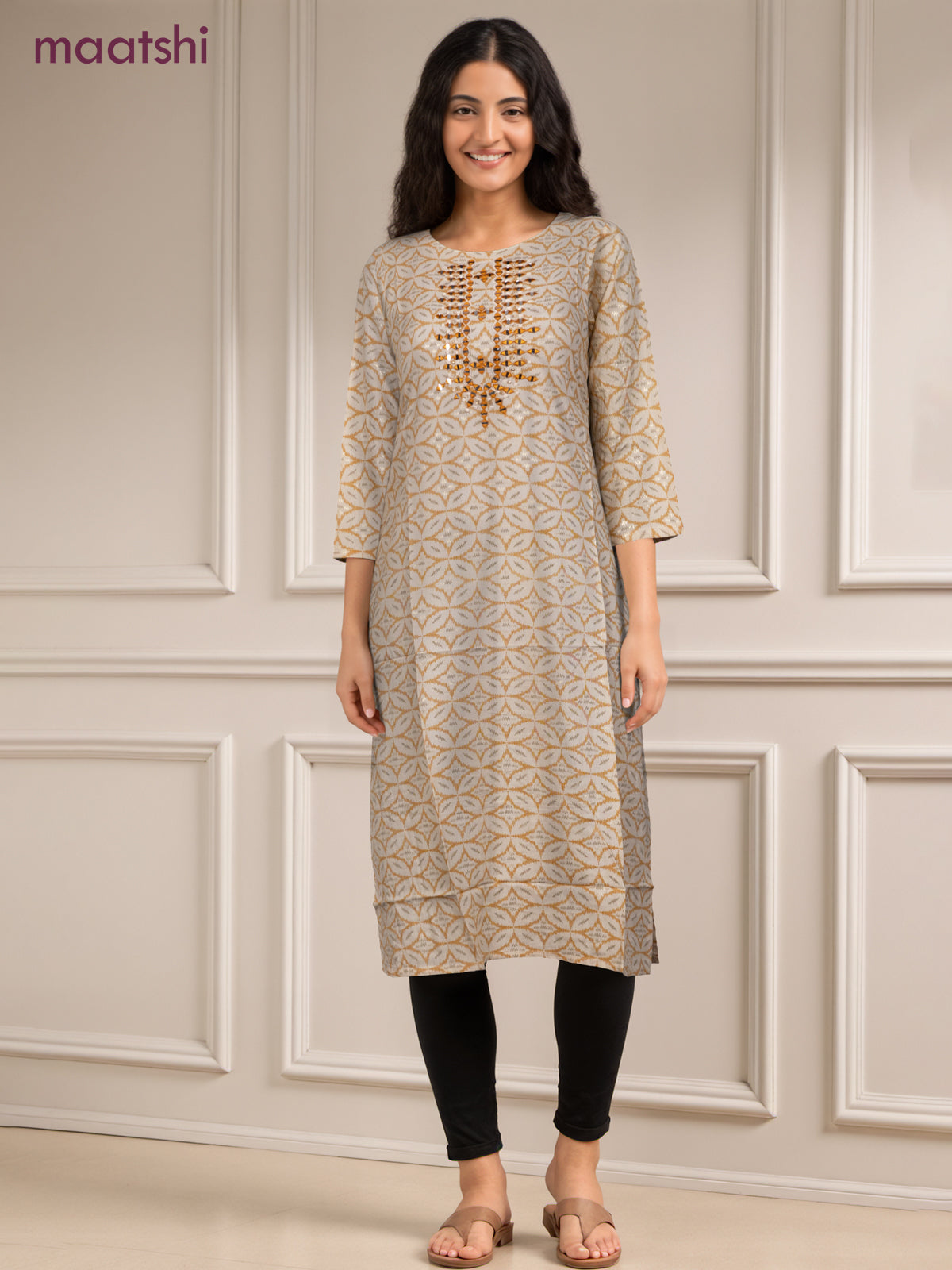 Cotton readymade kurti off white and mustard yellow with allover geometric prints & simple work neck pattern without pant
